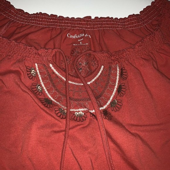 Croft & Barrow Womens Boho Top Size L Rust Embroidered Sequins Beads Elastic - Picture 2 of 7